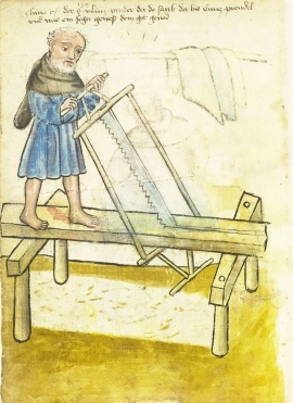 Řezání prken,vyobrazení z knihy Mendel Johen